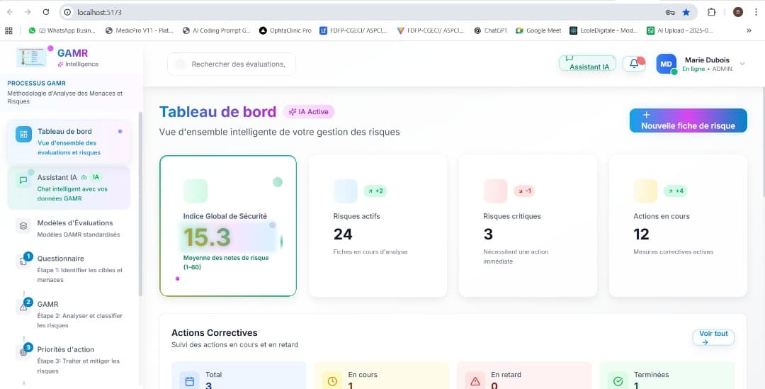 Interface de la plateforme GAMR montrant le tableau de bord de gestion des risques